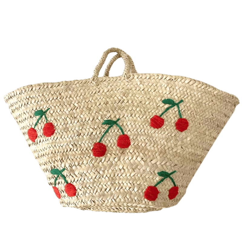 Panier de Plage en paille et Cerises brodées