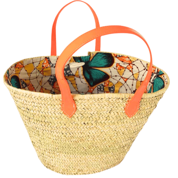 Panier de plage paille tressée anses orange