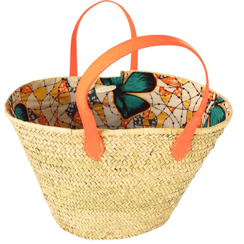 Panier de plage paille tressée anses orange