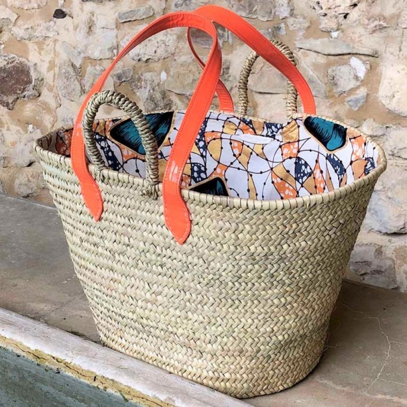Panier de plage paille tressée anses orange double coton
