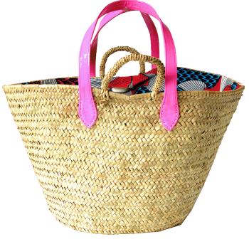 Panier de plage en paille tressée et anses Rose fluo