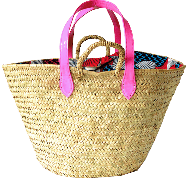 Panier de plage en paille tressée et anses Rose fluo