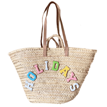 XL straw beach basket with embroidered Holidays patches