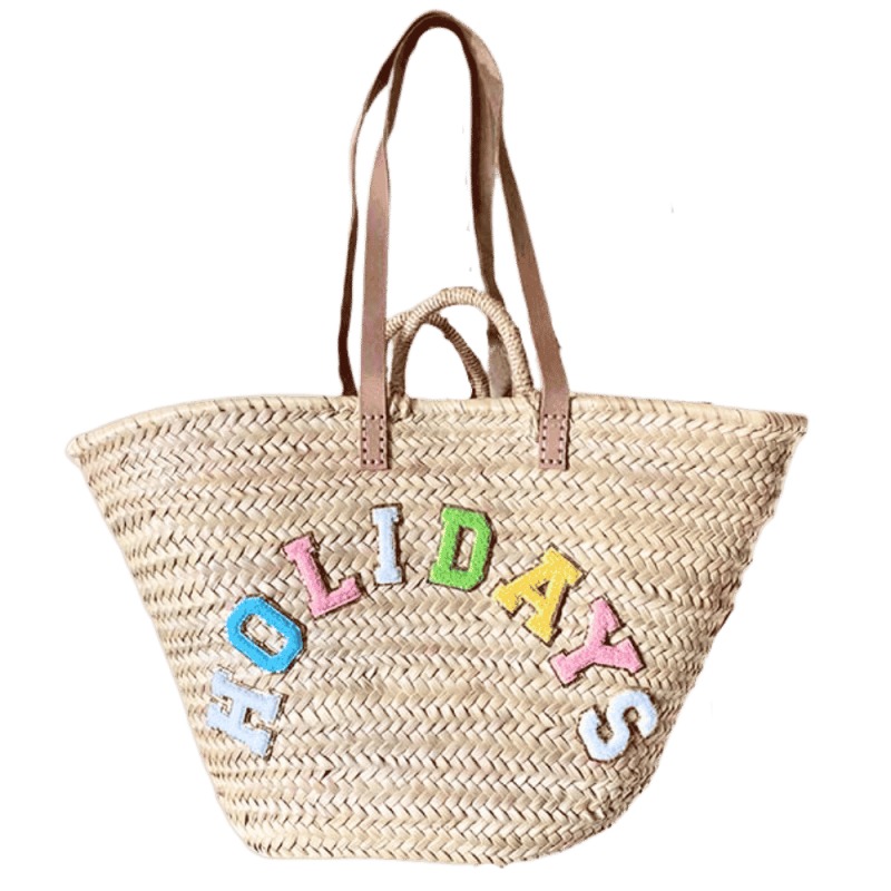 XL straw beach basket with embroidered Holidays patches