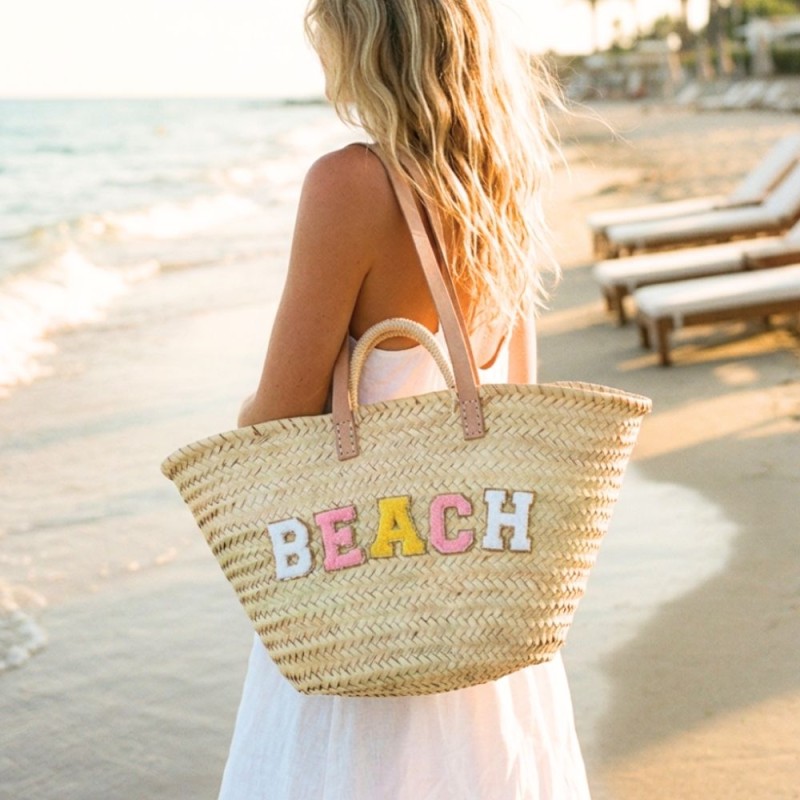 Beach embroidered straw beach basket