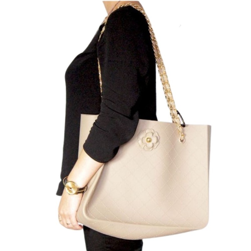Beige silicone shoulder bag with quilted finish