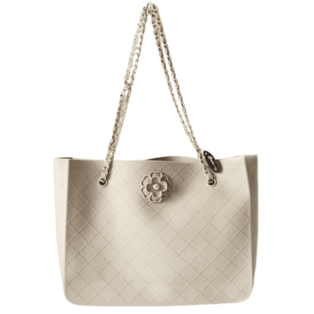 Chic beige tote bag with gold-tone chain