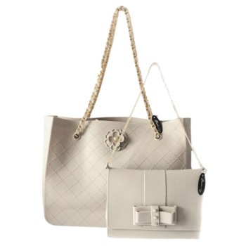 Beige quilted silicone tote bag with gold chain