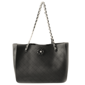 Black quilted silicone tote bag with silver chain