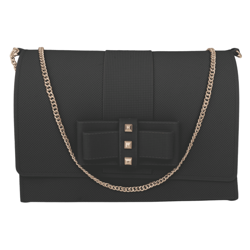 Petit sac noir porté épaule avec chaîne doré rose