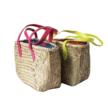 Straw summer tote with neon yellow shoulder handles