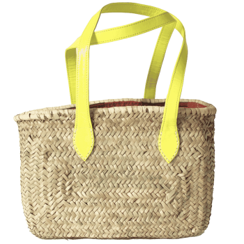 Natural palm leaf beach basket with neon yellow vinyl handles