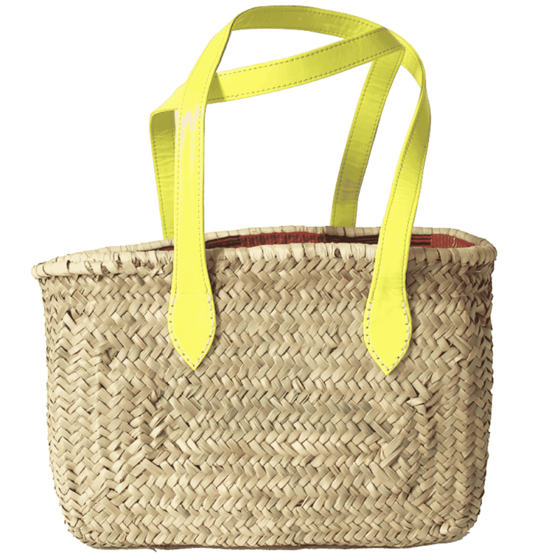 Panier de plage en feuilles de palmier avec anses jaune fluo en vinyle