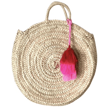 Panier bohème en palmier tressé avec pompons multicolores
