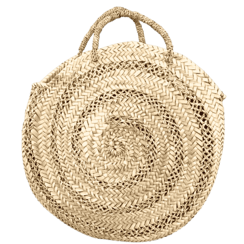 Round palm leaf basket with lace-effect weave