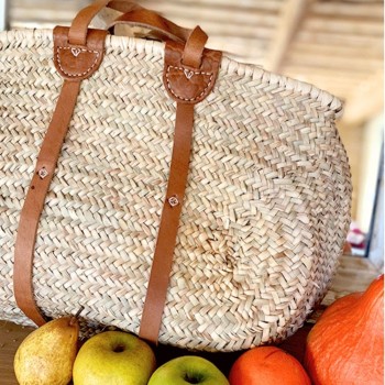 Panier naturel ovale avec finition cuir camel
