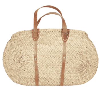 Panier ovale en paille naturelle avec cuir camel