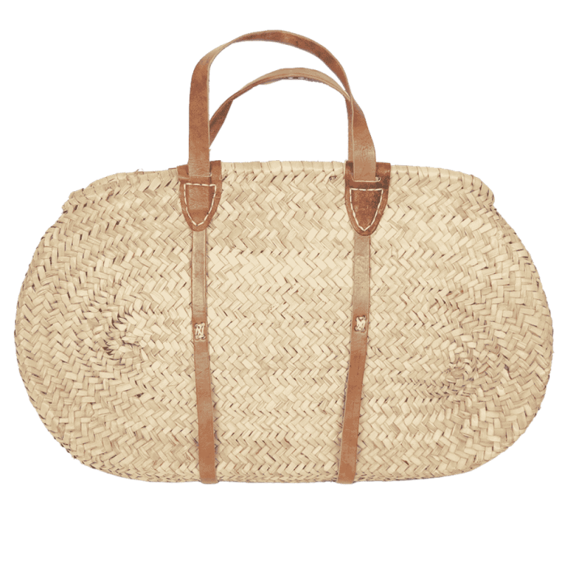Oval straw basket with camel leather detail