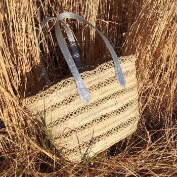 Woven straw tote with silver lace finish