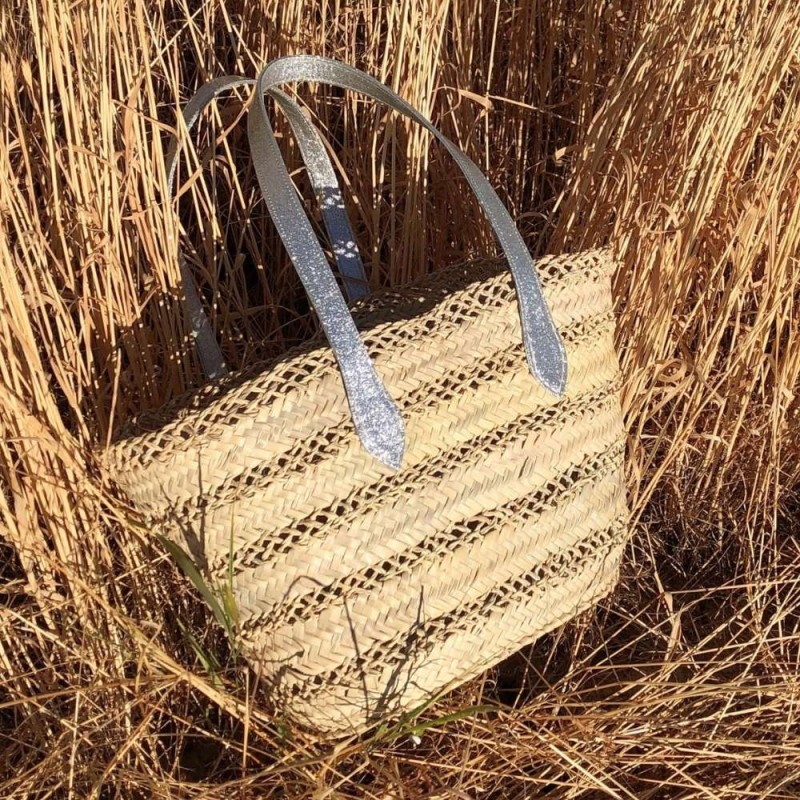 Woven straw tote with silver lace finish