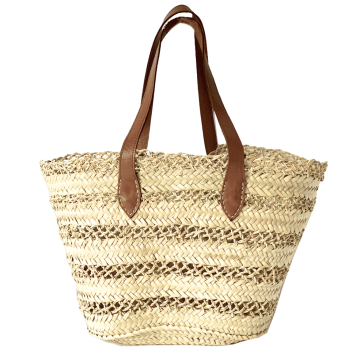Natural beach basket with camel leather detail
