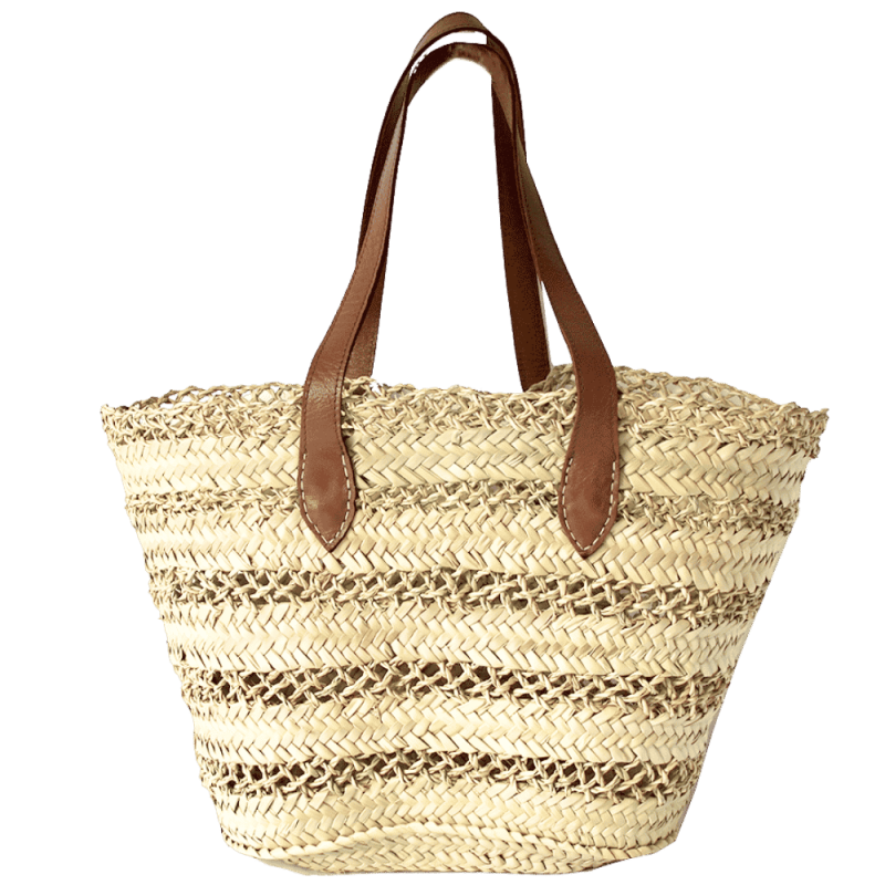 Panier de plage en fibres naturelles avec cuir camel