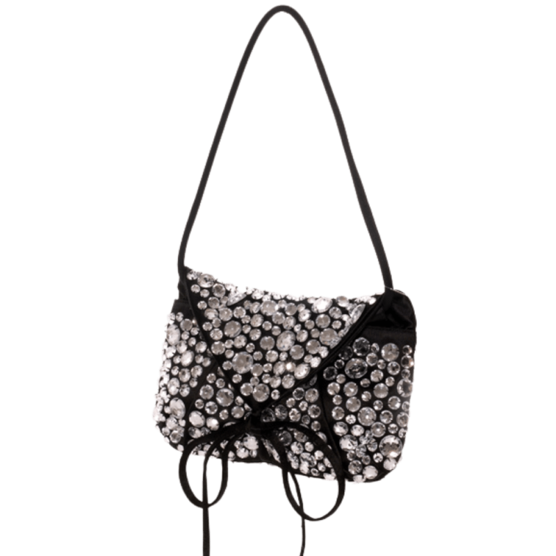 Sac noir chic rock en satin et strass